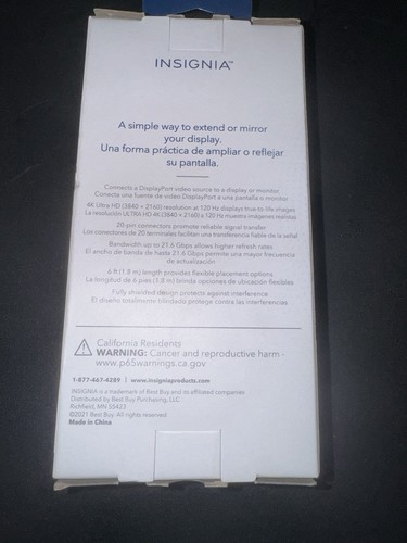 Insignia 6ft Display Port 4K Ultra HD Cable for TVs, Monitors Black Brand New - Afbeelding 2 van 2