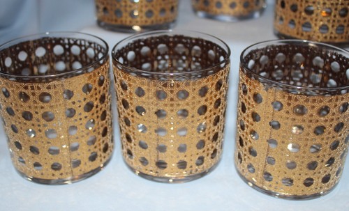 6 Vtg Culver Style Gold Lattice Old Fashioned Glasses Hollywood Regency MCM - Picture 5 of 11