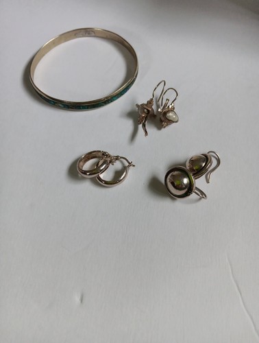 Sterling Silver Lot Vintage 3x Pair Earings + 1 Bangle Marked Mexico Indigenous - Picture 4 of 24
