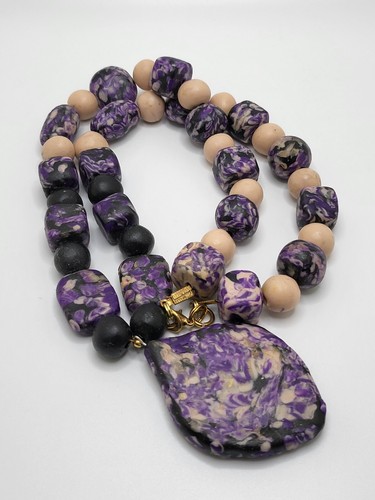 Purple,Beige And Black Handmade Polymer Clay Beaded Necklace Made In USA - Picture 2 of 8