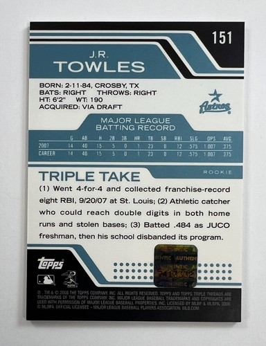 2006 Topps Triple Threads #151 J.R. Towles Auto Relic 4/10 AR84 - Picture 2 of 2