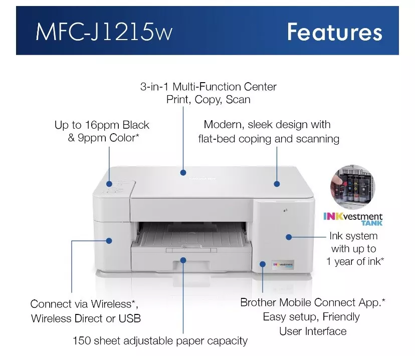 Brother MFC-J1215W INKvestment Tank Multi-Function Color Inkjet Printer Wireless - Image 2 of 2