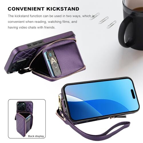 Crossbody Wallet Case for iPhone 16 Pro Max, RFID Blocking PU Dark Purple - Picture 7 of 7
