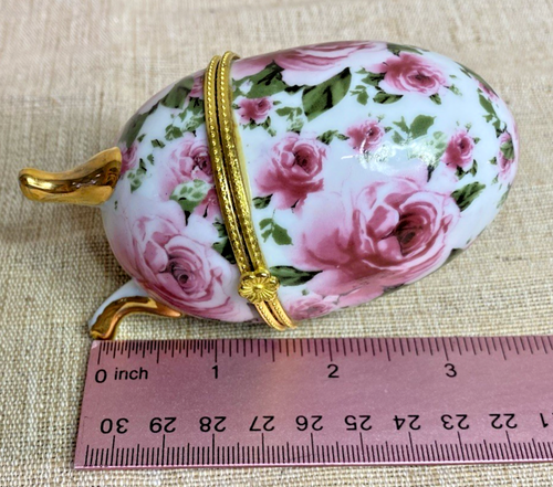 Vintage 4" Rose Chintz Floral Egg Trinket Box – Porcelain, Hinged, Gold Trim - Picture 8 of 9