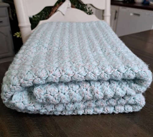 Handmade Baby Blanket Crib Blanket Afghan Blue Green Soft 36"x37.5"