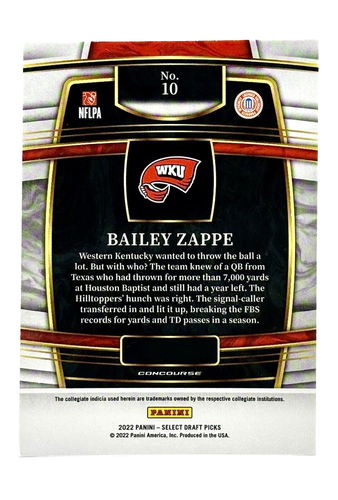 Selecciones selectas del draft 2022 Concourse Blue #10 Bailey Zappe RC New England Patriots - Imagen 2 de 2