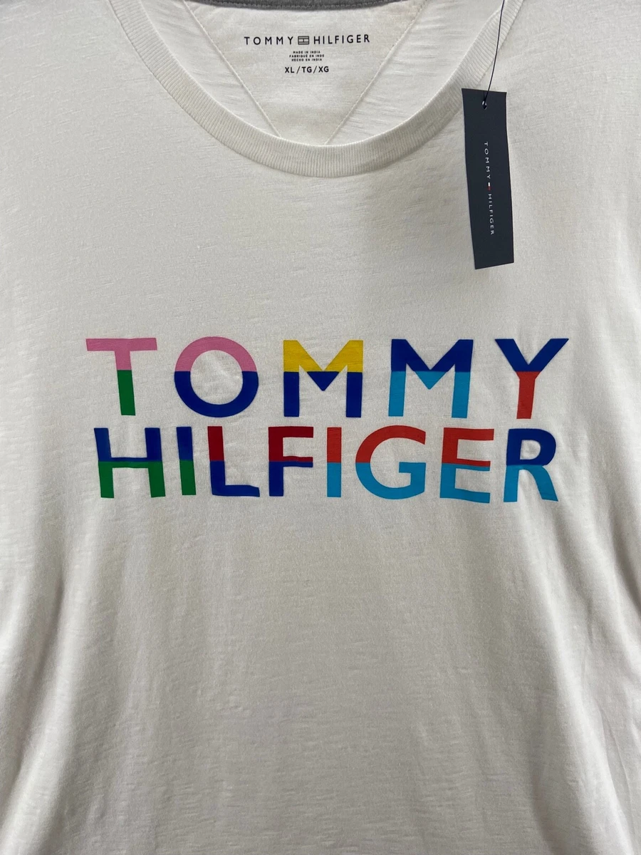 TOMMY HILFIGER T Shirt Mens X Large White Short Sleeve Rainbow