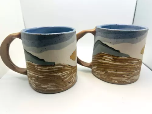 Vtg 2 Siegele & Haley Buzzard Mountain Pottery Mug Set Blue Signed Coffee Cups
