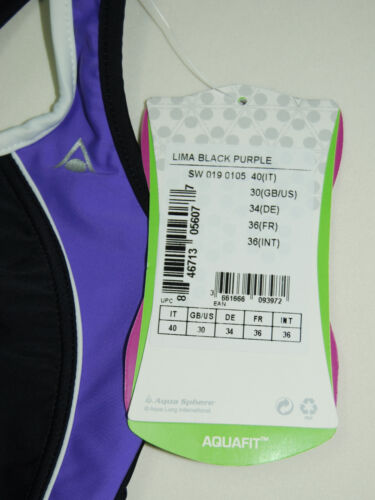 NWT Aqua Sphere NAIAD Women's Lima Black with Purple 1pc Tank Swimsuit sz 4 / 30 - Picture 10 of 11