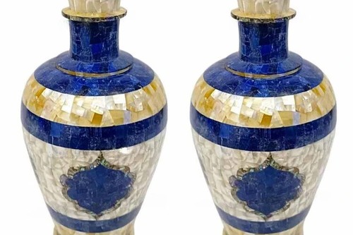 24" Marble Flower Vase – Mother of Pearl & Lapis Lazuli Inlay | Handcrafted Vase - Picture 4 of 8