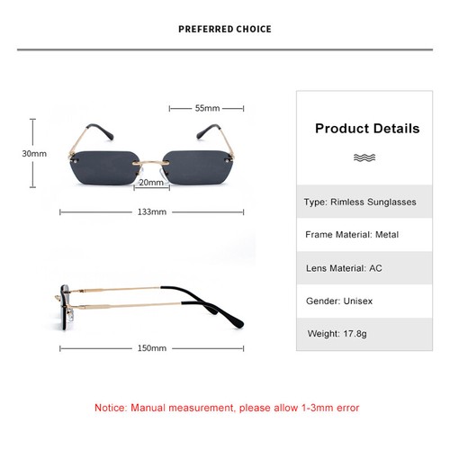 Rimless Rectangle Sunglasses Trendy Vintage Square Glasses Retro Eyewear UV400 - Picture 5 of 20