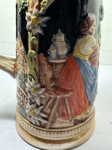 Vtg W. German Gerzit Beer Stein W/Pewter Lid 9" Tall 3.D Raised Handpainted Orig - Picture 6 of 12