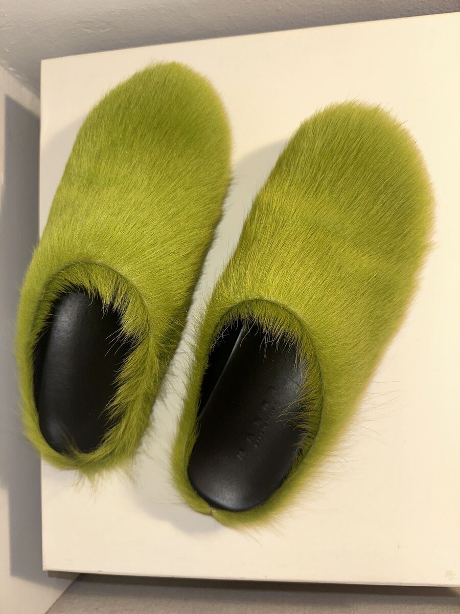 MARNI Pink Fussbett Sabot Loafers Lime Green Fur Calf Hair