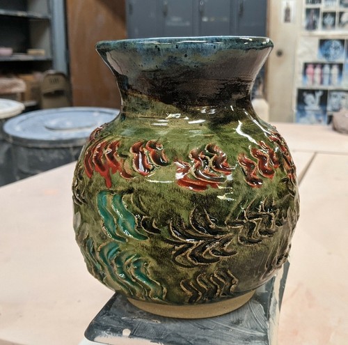 Multi Colored Glazed Incised Vase - Picture 1 of 5