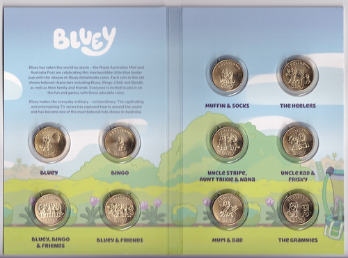 AUSTRALIAN: 2024 SET OF 10 $1 BLUEY BUCK UNC COINS IN FOLDER #LF129