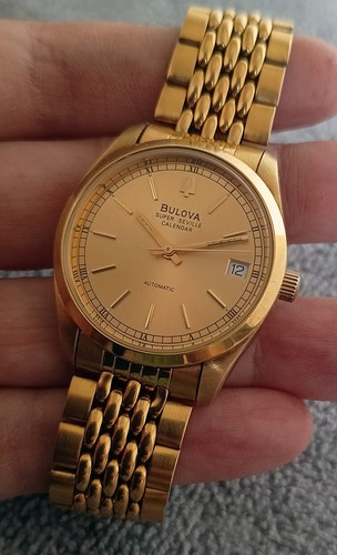 VINTAGE BULOVA SUPER SEVILLE CALENDAR AUTOMATIC SWISS MADE GENT GOLD TONE WATCH - Picture 9 of 24