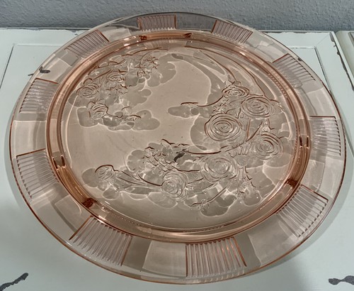 Vintage rosa Depression Glas Schale Mayfair Rosen ausgestellt überbacken mit passendem Sockel - Bild 8 von 9