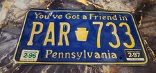 1996 Pennsylvania License Plate You've Got A Friend PAR 733 yellow on Blue 