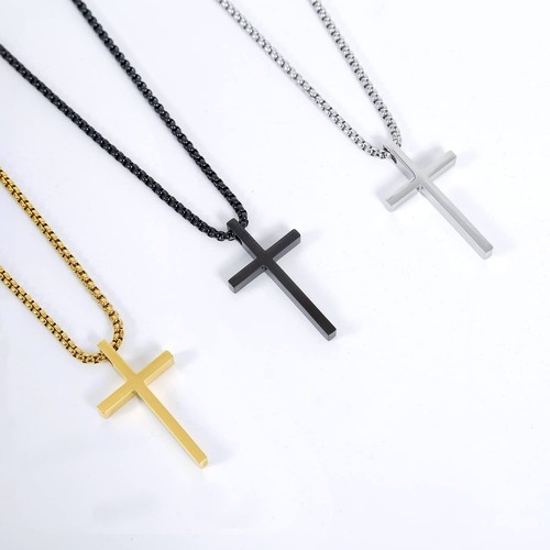 Men Women Cross Necklace for Boy Stainless Steel Plain Pendant Box Chain Gift - Picture 9 of 27
