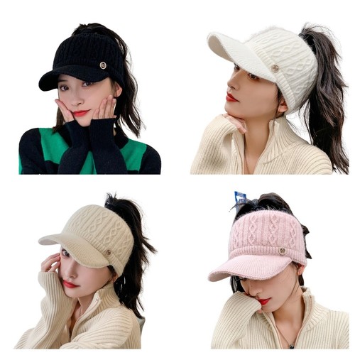 Gorro de punto para mujer gorra alta cola de caballo invierno cálido visera ala ganchillo sombreros - Imagen 2 de 17