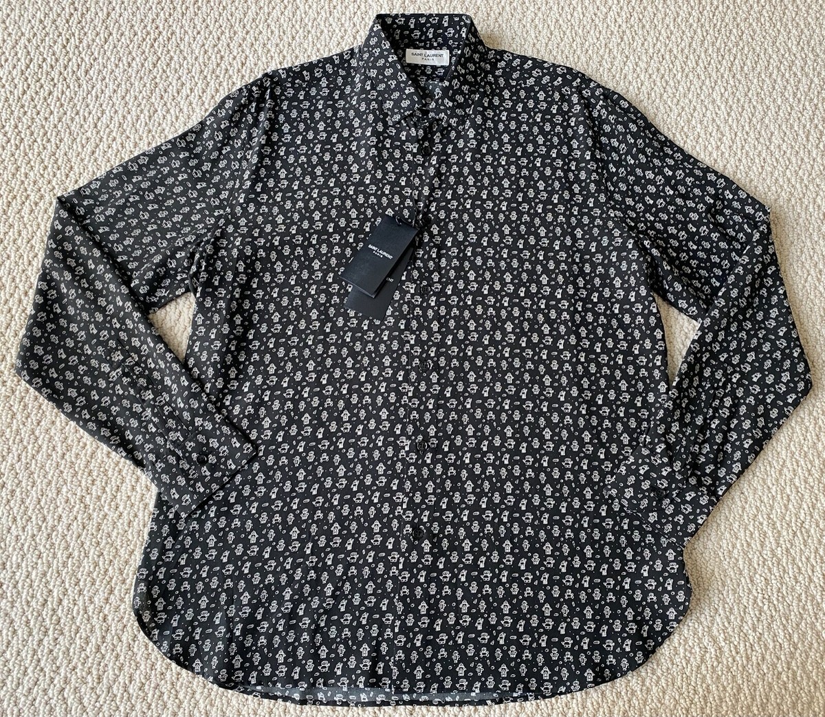 NWT Saint Laurent YSL Black White Robot Print Silk Button