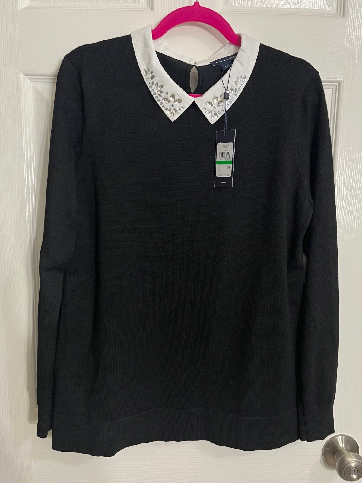 Tommy Hilfiger Women's Black Sweater with Embellished Collar - Size Large