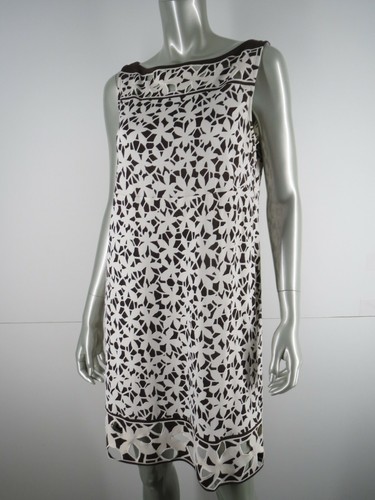 DVF Mini Dress Silk Sz 12 Brown Cream Floral Cut Out Boat Neck Sleeveless Shift - Picture 3 of 10