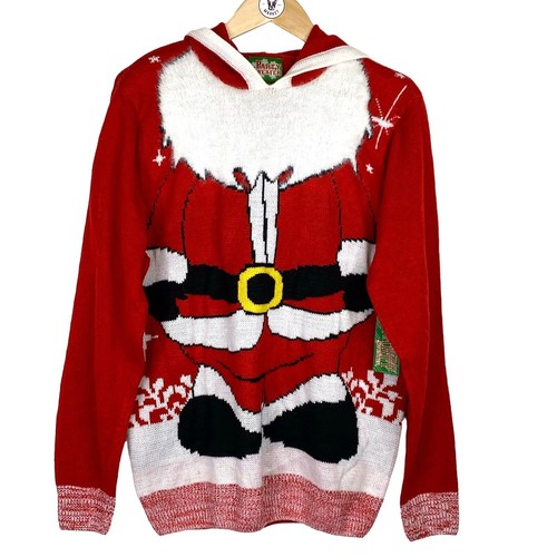 Novelty Holiday Party Christmas Sweater Sz L Red Fuzzy Hooded Santa Ugly Kitsch - Picture 2 of 9