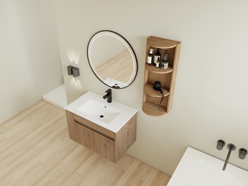 30" Wall-Mounted Bathroom Vanity W/Ceramic Sink/ Adjustable Shelf + Storage Rack - Picture 7 of 24