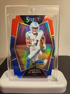 Amon-Ra St. Brown 2021 Panini Select Premier Level Die-Cut Red & Blue Lions RC
