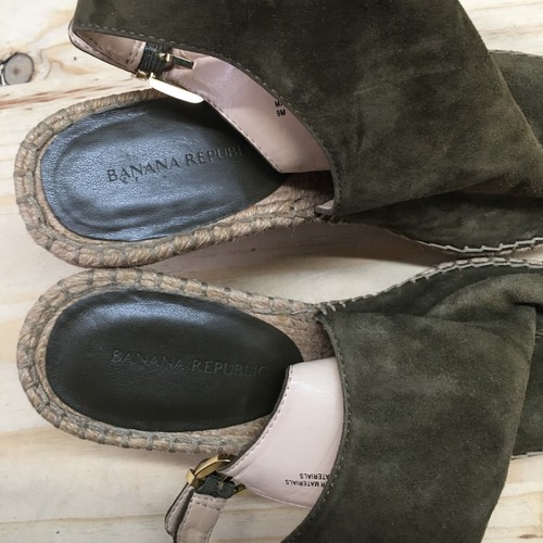 Banana Republic Sandals Womens 9 M Espadrille Green Suede Leather Peep Toe Wedge - Picture 13 of 16