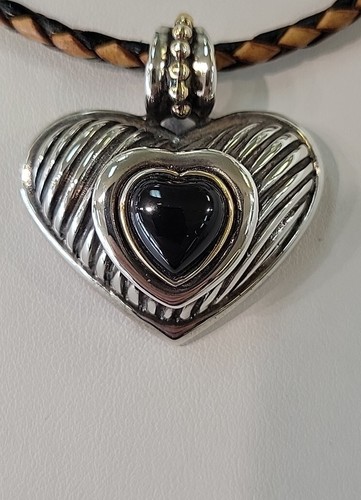 Flli Menegatti 925 Sterling Silver and Gold Onyx Heart Necklace Italy - Picture 3 of 12
