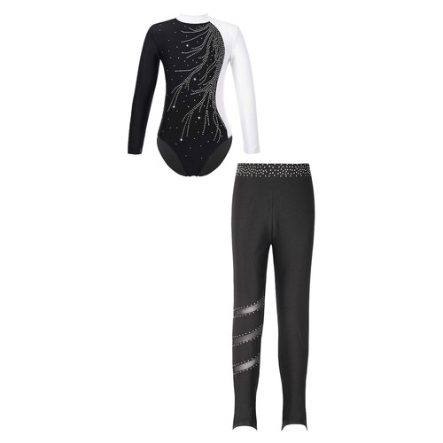 Girls Sets Figure Skating Tracksuits Shiny Outfit 2pcs Leggings Mesh Dancewear - Picture 59 of 78