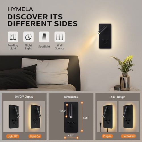 Plug in LED Wall Sconce Backlighting Dimmable Reading Bedside Spot Lamp USB Port - Bild 2 von 14