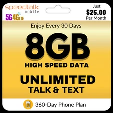 SpeedTalk  Prepaid SIM Card Unlimited Talk & Text 8GB Data Phone Plan $25/Mo. 