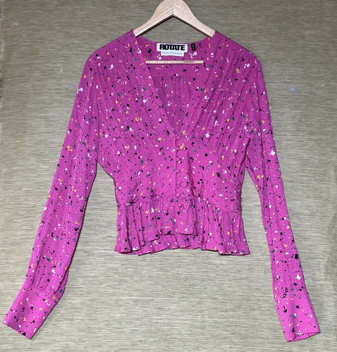 Rotate Birger Christensen Top Womens Size 10 Pink Floral V Neck Button Down.