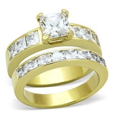 Damen Gold Ring Set Prinzessschliff CZ Verlobung Ehering Stahl 18kt Eckig