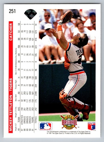 #251 Mickey Tettleton Detroit Tigers 1992 Upper Deck - Picture 2 of 2