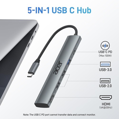 acer USB C Hub HDMI 4K, Aluminum 5-in-1 USB-C Multiport Adapter with 3 x USB-A - Picture 2 of 9