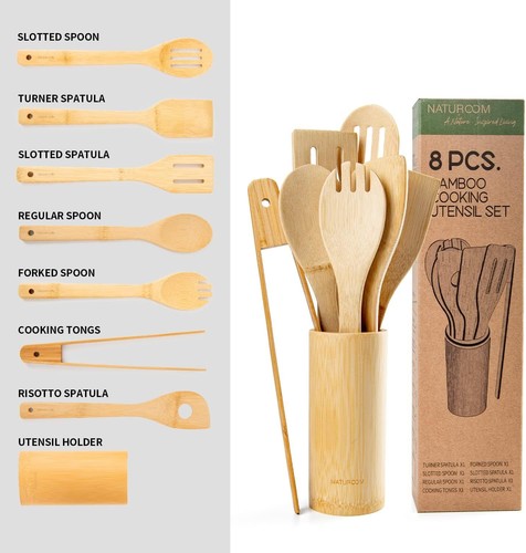 Wooden Spoons for Cooking 8 Piece Organic Bamboo Utensil Set with Holder Wood US - Picture 2 of 6
