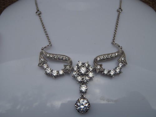 Sterling Silver Victorian Style Clear Stone Necklace - Picture 5 of 11