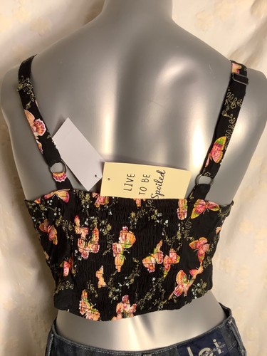 Live too Be Spoiled Crop Top XL Black W/Butterflys Adjustable New W/Tag! Perfect - Picture 4 of 4