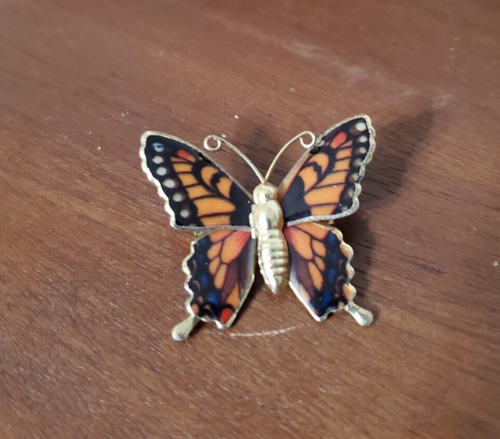 Vintage Monarch Butterfly - Orange and Black Enamel Brass Tone Metal Pin