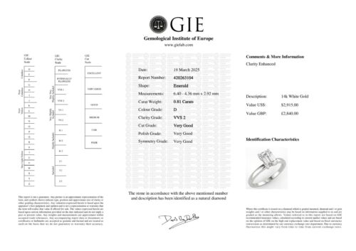 0.81 Ct Emerald Cut VVS2/D Solitaire Diamond Engagement Ring 14K White Gold - Picture 2 of 6