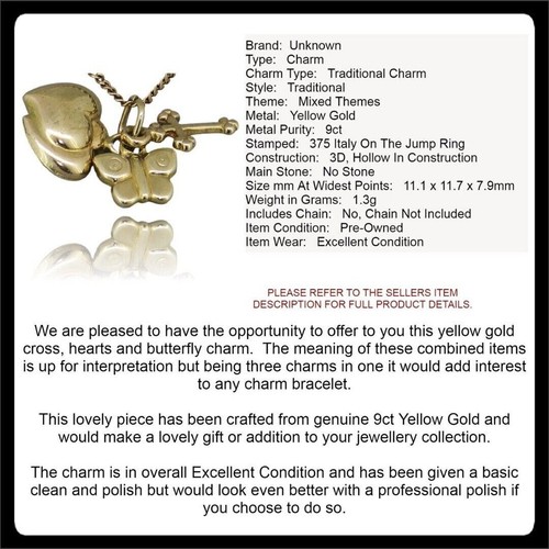 Yellow Gold CROSS, HEARTS & BUTTERFLY CHARM Guaranteed Genuine 9ct / 9k Gold - Picture 7 of 12