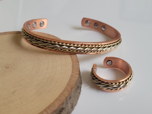 Solid Copper Magnetic Bracelet Ring Set 3 Tone Arthritis Therapy Cuff Ring Set - Picture 6 of 12