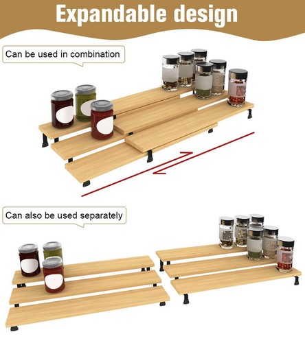 Pine Wood Spice Rack Set Cabinet Shelf Extendable Holder 3-Tier Set of Two - Picture 2 of 7