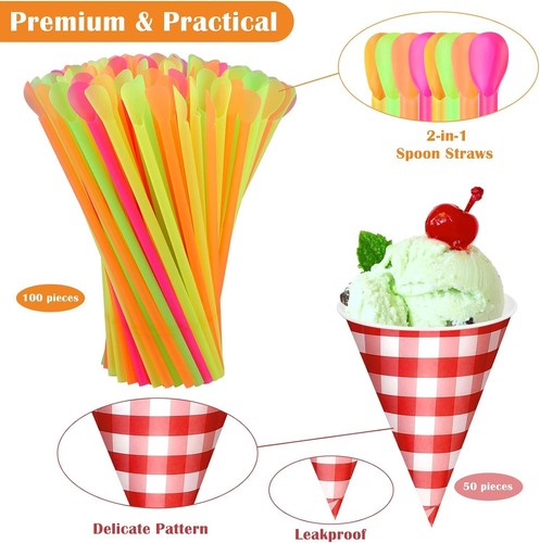 50 Packs Snow Cone Cups and 100 Pcs Spoon Straws Kit 6 Ounces Paper Cone Cups - Picture 2 of 7