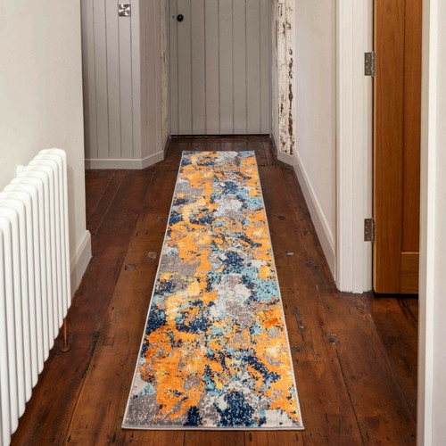 Traditional Hallway Runner Rugs Moroccan Navy Gold Distressed Vintage Carpet Mat - Picture 2 of 16