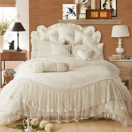 Luxury Bedding Set Lace Cotton Full Queen King Size Bed Skirt Duvet Cover Set - Picture 3 of 59